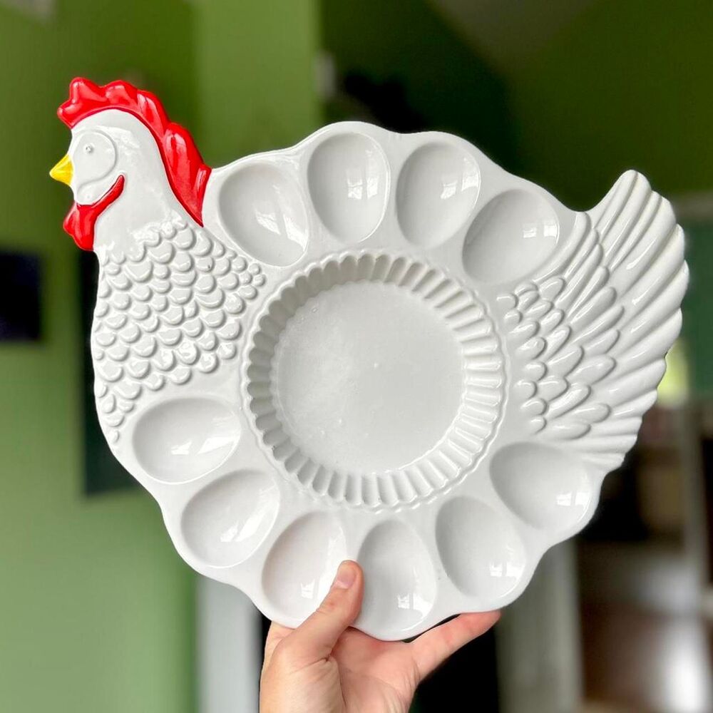 VTG Chicken Rustic Farmhouse Cottage Ceramic Large Deviled Egg Tray Platter